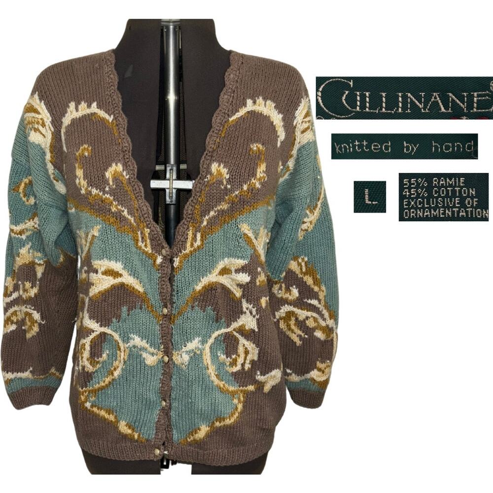 Vintage Cullinane Hand Knitted Cardigan Size Large Shoulder Pads Grandma Pearls